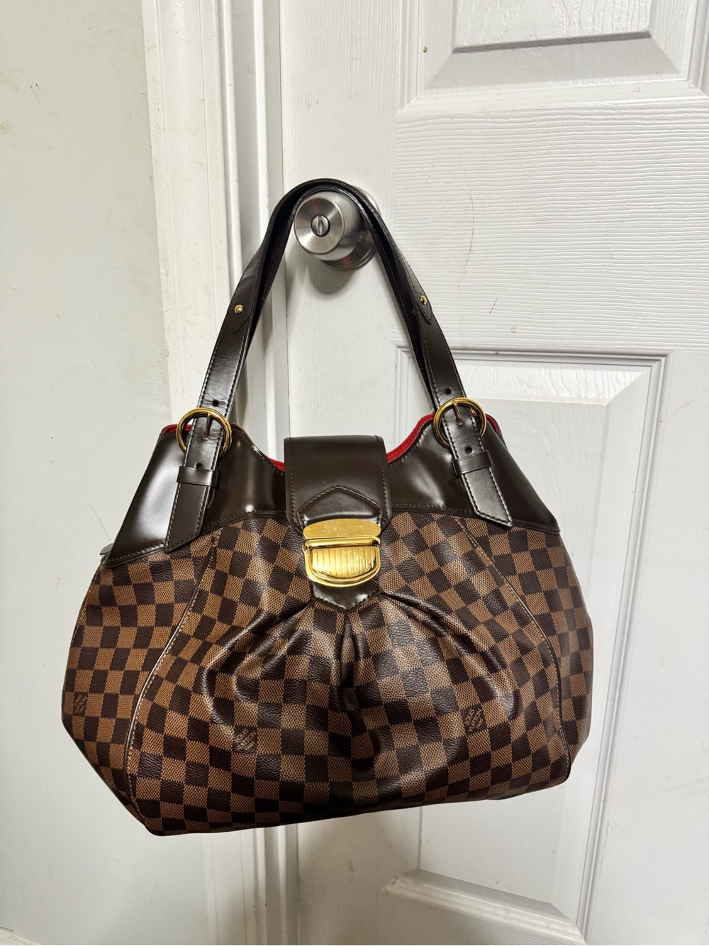 Louis Vuitton Brown Checkered Shoulder Bag with Gold Hardware